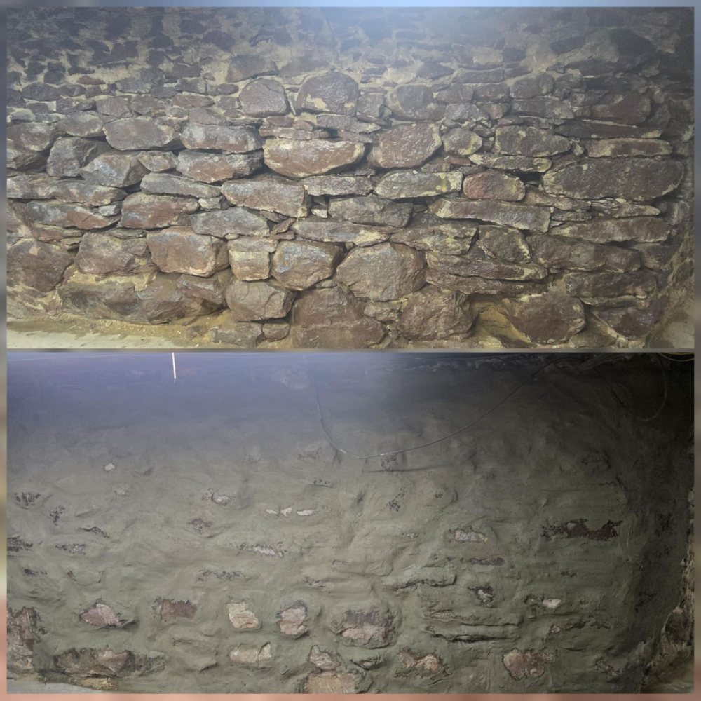 Fieldstone foundation before and after repointing